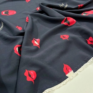Red Lip Patterned Edgy Viscose Fabric, Cotton Dressmaking Designer Fabric, Home Textiles, Fabric by the Yard,(150cm/1.64 yard/57 inch)