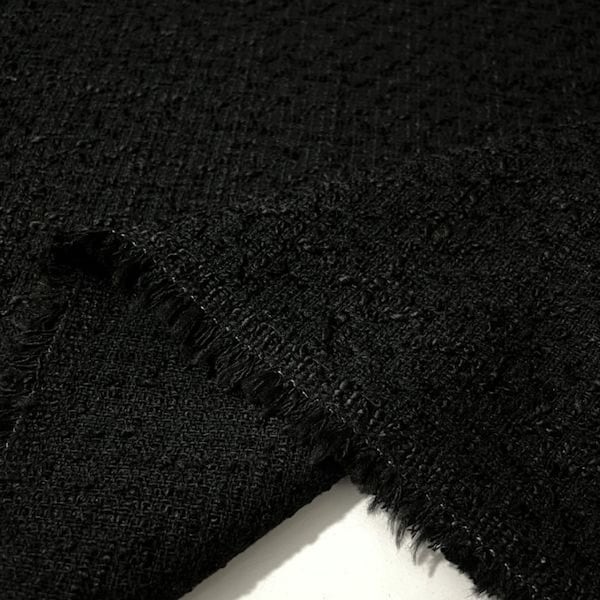 Tela clásica de tweed de algodón negra (150 cm o 1,64 yardas o 57 pulgadas de ancho), chaqueta-vestido-falda-tela de tweed de lujo