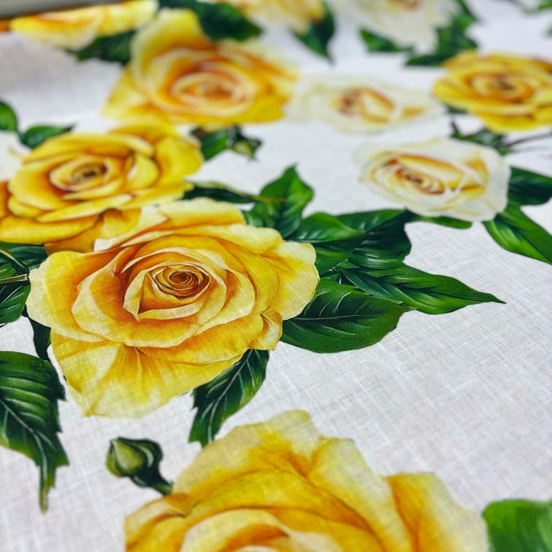 Italian Design Linen Fabric: Yellow Rose Pattern, Dressmaking Material ...