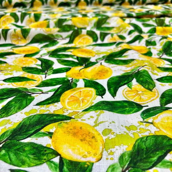 Lemon Print Linen Fabric, Italian Design for Clothing, 150cm Wide Natural Textile