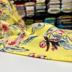 Yellow Luxury Floral Pattern Italian 100% Linen Fabric, Organic Design  Fabric, Pure Linen Fabric By The Yard(1.64 yards or 59 inches width)