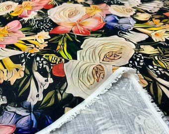 Rose Flower Linen Fabric: Italian Design Dressmaking Material (58 Inch Wide)