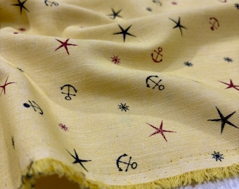 Tela de lino amarillo de algodón con estampado de ancla de estrella, tela de vestir-ropa (150 cm o 1,64 yardas o 57 pulgadas de ancho)