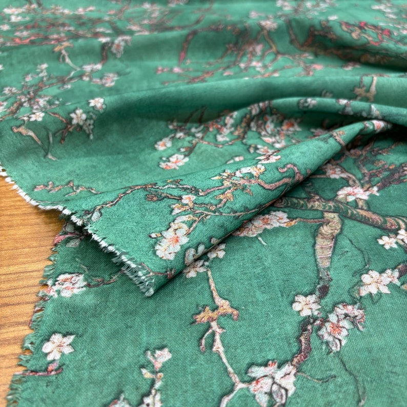 Green Floral Linen Fabric: Italian Design Fashion Fabric (150 cm/1.64 yards wide)