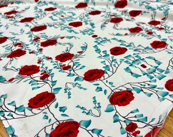 Authentic Design Red Rose Printed Crepe Fabric for Dresses and Clothing (57in width)