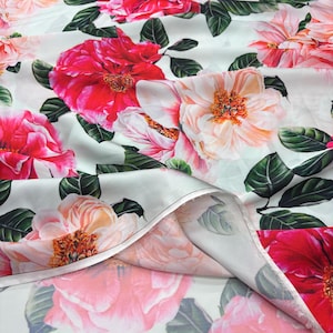 Italian Peony Floral Satin Fabric – Silky Lightweight for Dresses | 150 cm/59 in wide
