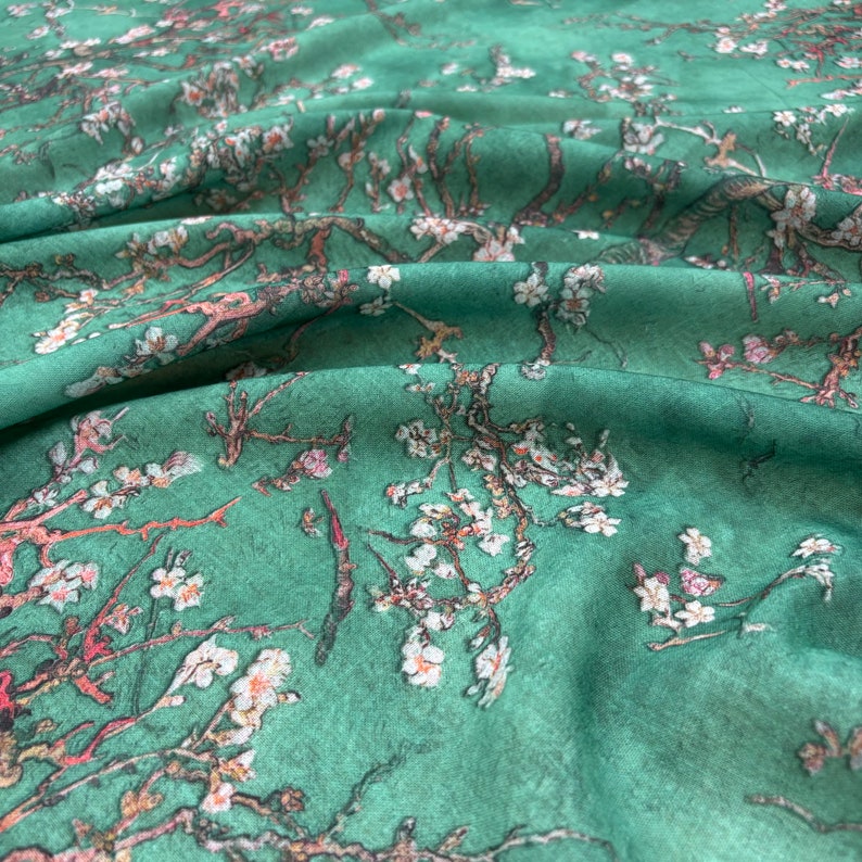 Green Floral Linen Fabric: Italian Design Fashion Fabric (150 cm/1.64 yards wide)
