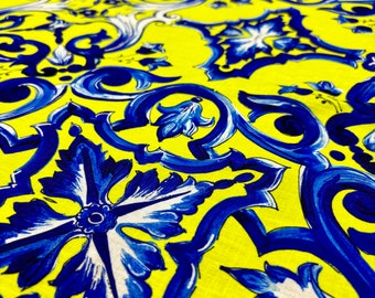 Majolica Pattern Linen Fabric for Home Decor and Clothing (59in wide)