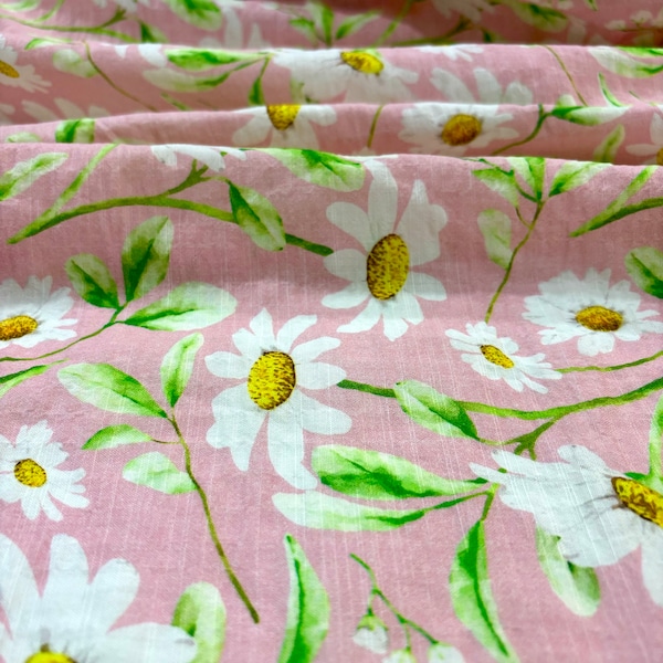 Tissu de lin luxueux avec motif marguerite en rose, tissu de vêtements en lin (1,64 yards ou 59 pouces de largeur)