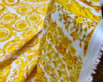 Italian Design Yellow Linen Fabric: Floral Drapery & Clothing 150cm/59in width