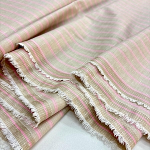 Striped Linen Fabric: Pink on Beige, Flax Cotton Blend, Home & Fashion