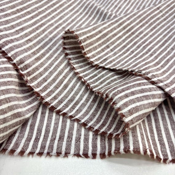 Brown Ivory Striped Cotton Linen Fabric: Natural Breathable Material for Dresses 150cm Wide