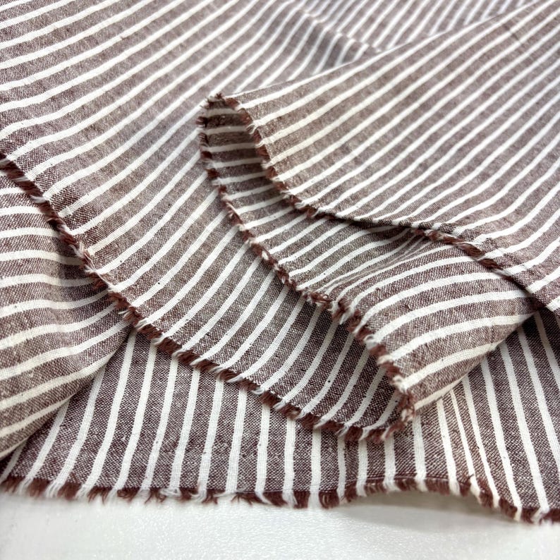 Brown Ivory Striped Cotton Linen Fabric: Natural Breathable Material for Dresses 150cm Wide