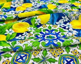 Italian Blue Lemon Pattern Printed Linen for Dresses and Shirts