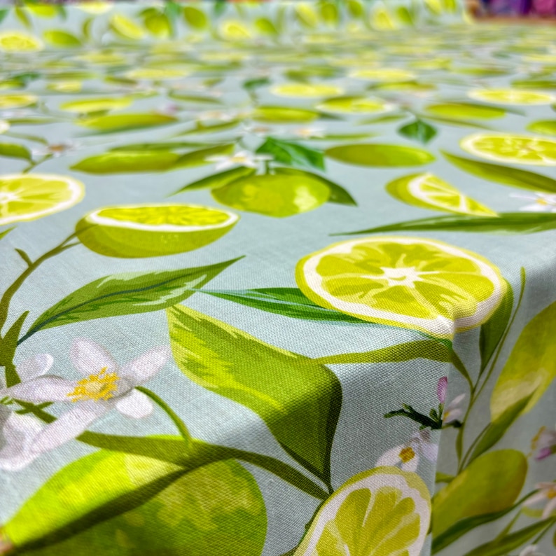 May include: A light blue fabric with a repeating pattern of green limes, lime slices, green leaves, and white flowers. The fabric is likely used for home decor or crafting projects.