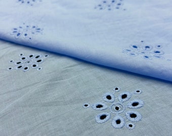 May include: Two pieces of light blue fabric with a delicate eyelet pattern. The fabric is folded over, showing the pattern on both sides.