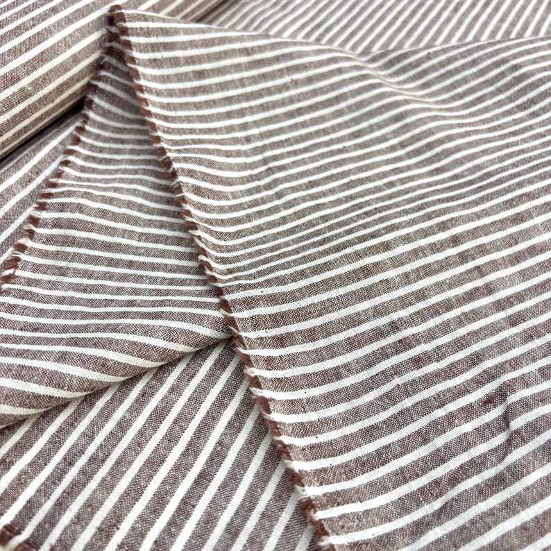 Brown Ivory Striped Cotton Linen Fabric: Natural Breathable Material for Dresses 150cm Wide
