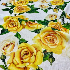 Italian Design Linen Fabric: Yellow Rose Pattern, Dressmaking Material ...