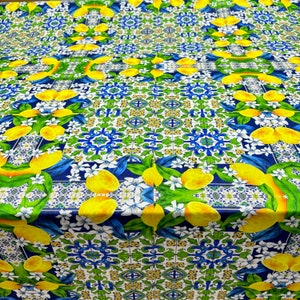 Italian Blue Lemon Pattern Printed Linen for Dresses and Shirts (150cm ...