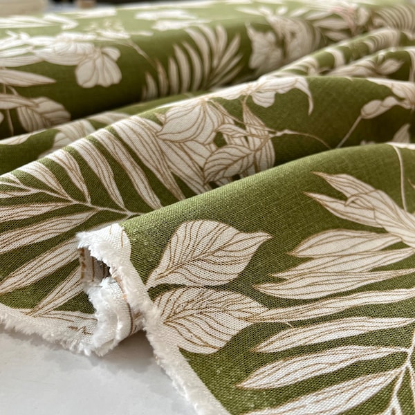 Leaf Patterned Linen Fabric Green, (width 59 inch) fashion fabric, garment, drapery, home decoration, dress, skirt, jacket, shirt, suit