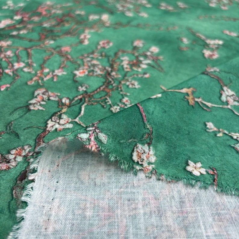 Green Floral Linen Fabric: Italian Design Fashion Fabric (150 cm/1.64 yards wide)