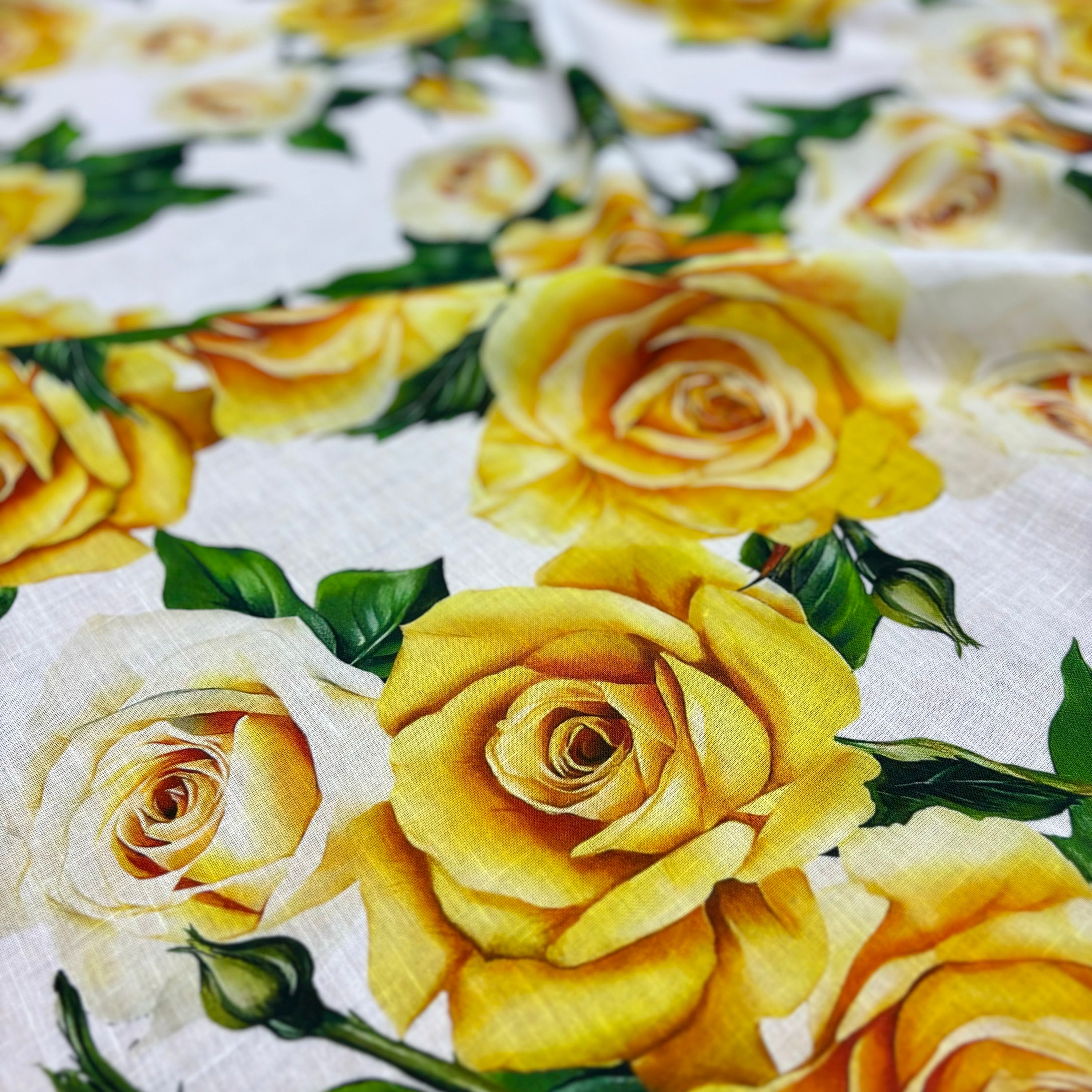 Italian Design Linen Fabric: Yellow Rose Pattern, Dressmaking Material ...