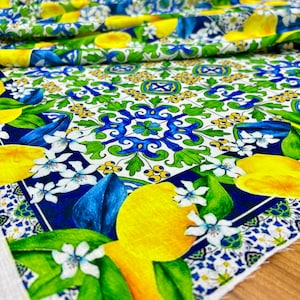 Italian Design Blue Lemon Pattern Printed Linen Fabric, Design Fabric,Fashion Fabric,Dress-Shirt-Clothing Fabric(width 150 cm or 1.64 yards)