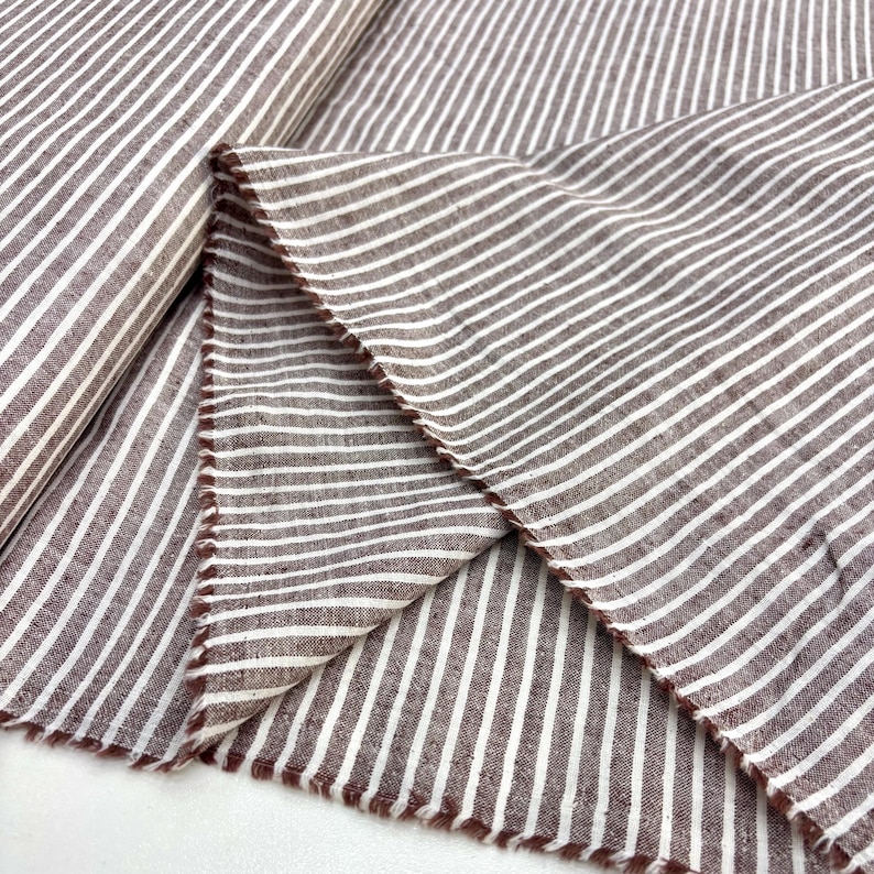 Brown Ivory Striped Cotton Linen Fabric: Natural Breathable Material for Dresses 150cm Wide