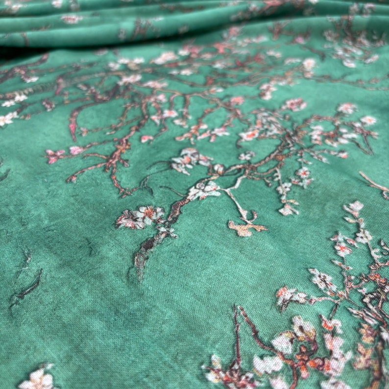 Green Floral Linen Fabric: Italian Design Fashion Fabric (150 cm/1.64 yards wide)