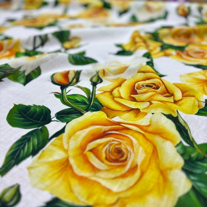 Italian Design Linen Fabric: Yellow Rose Pattern, Dressmaking Material ...