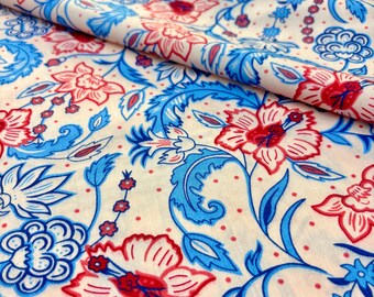 Red & Blue Floral Cotton Poplin Fabric: Lightweight Summer Dressmaking