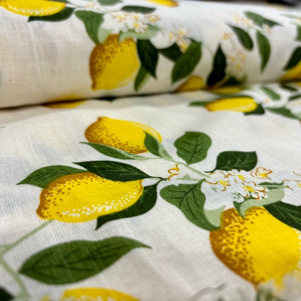 Tessuto di lino dal design italiano con motivo limone, tessuto di design, tessuto con motivo limone (larghezza 150 cm o 1,64 iarde)