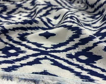 Navy Blue Ethnic Pattern Silky Satin Fabric, Pattern Crepe Fabric, Silk Crepe Fabric by the Yard (150 cm or 1.64 yards or 57inch width)