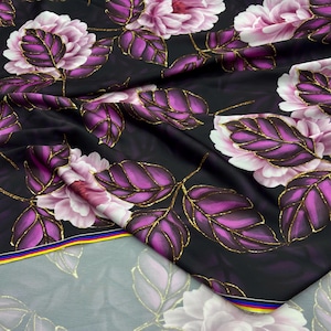 Pink Rose Purple Leaf Satin Fabric – Italian Silky Chiffon Material Dresses | 150cm/59in wide