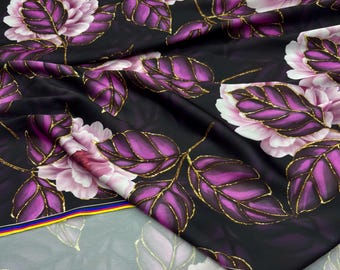 Pink Rose Purple Leaf Satin Fabric – Italian Silky Chiffon Material Dresses | 150cm/59in wide