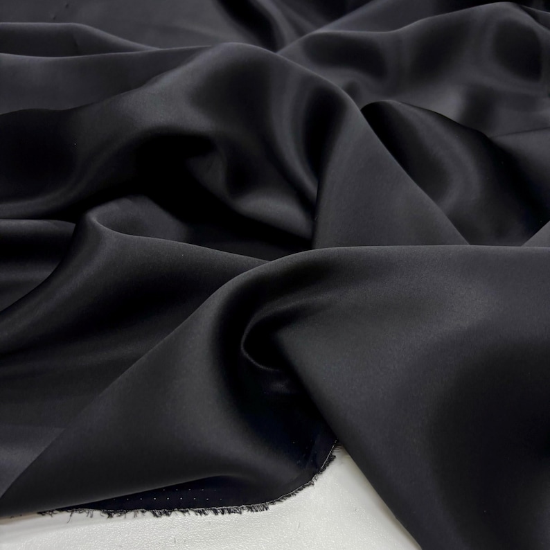 Black 100% Silk Satin Fabric – Luxury Natural Silk with Lustrous Finish | 140 cm Width