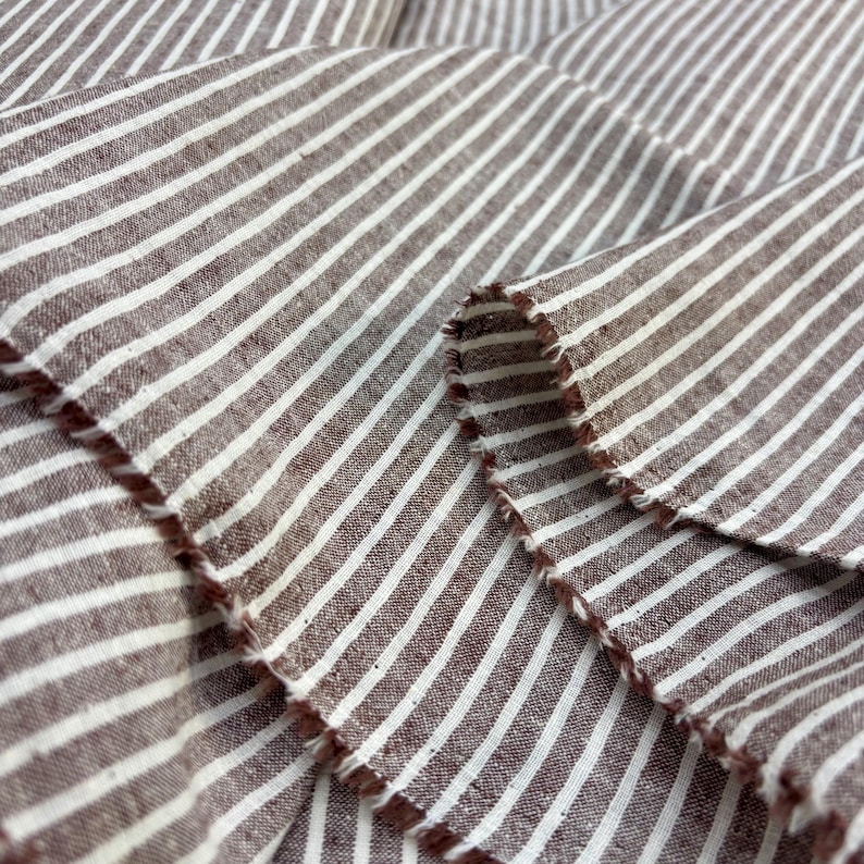 Brown Ivory Striped Cotton Linen Fabric: Natural Breathable Material for Dresses 150cm Wide