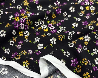 Black Purple White Floral Viscose Fabric – Soft Drapey Material for Dresses | 150 cm Width