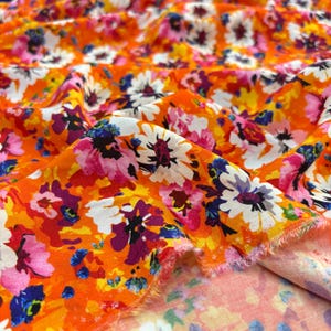 Orange Floral 100% Cotton Viscose Fabric – Soft Lightweight Material for Dresses, Blouses, Skirts (150 cm / 1.64 yd / 58 in Width)