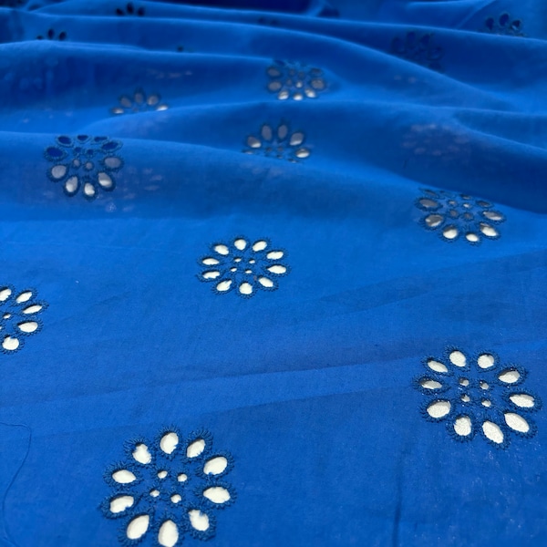 Round Pattern Embroidered Bird Eye 100% Cotton Fabric Blue, Fabric for Dress-Shirt-Skirt, Home Textile   (130cm-1.43 yards -51 inch width)