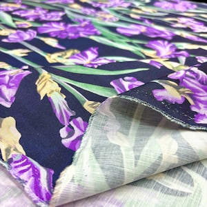 Purple Tulip Patterned 100% Italian Linen Fabric, Pure Linen, Fabric By The Yard, Clothing Fabric (150 cm or 1.64 yards or 57 inches width)