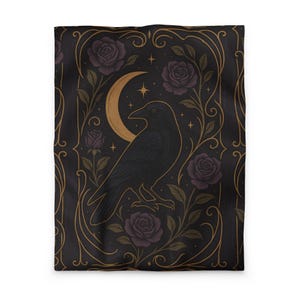 Gothic Raven Duvet Cover, Art Nouveau Crow, Gothic Rose Comforter Cover, Dark Cottagecore Bedroom Decor