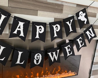 Feliz pancarta de Halloween, decoración de fiesta de Halloween, decoraciones de Halloween, guirnalda de Halloween, pancarta en blanco y negro, letrero de fiesta de Halloween