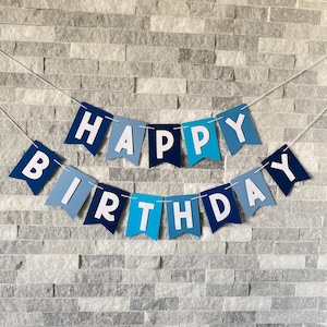 May include: A blue and white banner with the words "Happy Birthday" in white letters. The banner is made of paper and has a scalloped edge.