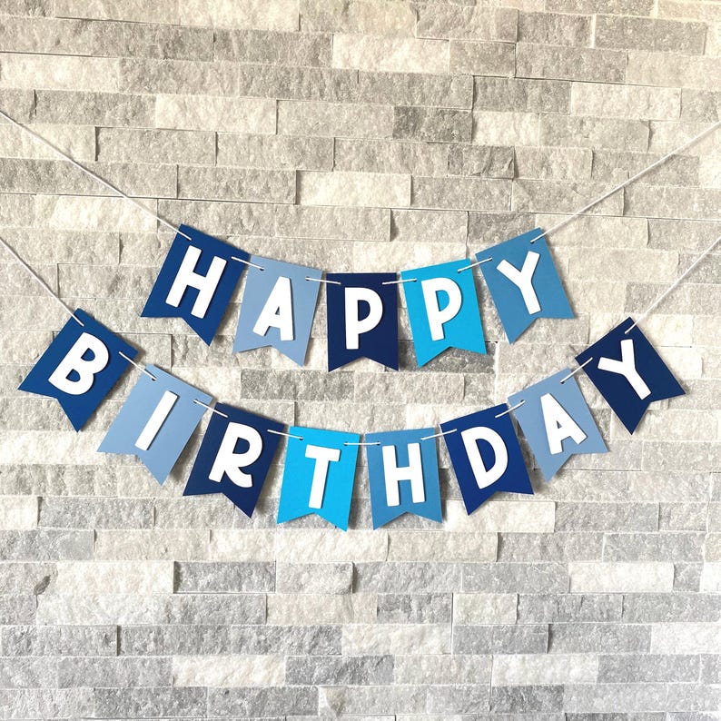 Happy Birthday Banner, blue birthday banner, blue custom banner, blue party garland, party decorations, happy birthday garland, party decor image 1