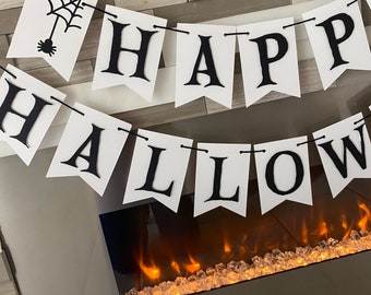 Happy Halloween banner, halloween party decor, halloween decorations, halloween garland, black and white banner, halloween party sign