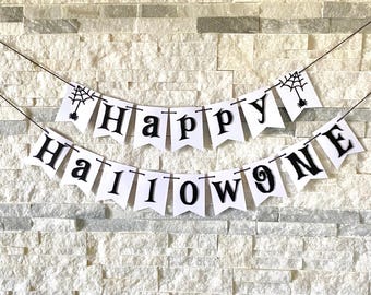 Banner Happy HallowONE, decorazioni per feste di Halloween, decorazioni di Halloween, ghirlanda di Halloween, banner in bianco e nero, cartello per feste di Halloween