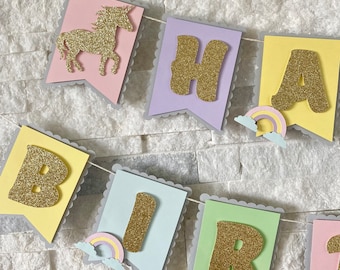 Banner de cumpleaños de unicornio: decoraciones de fiesta en tonos pastel
