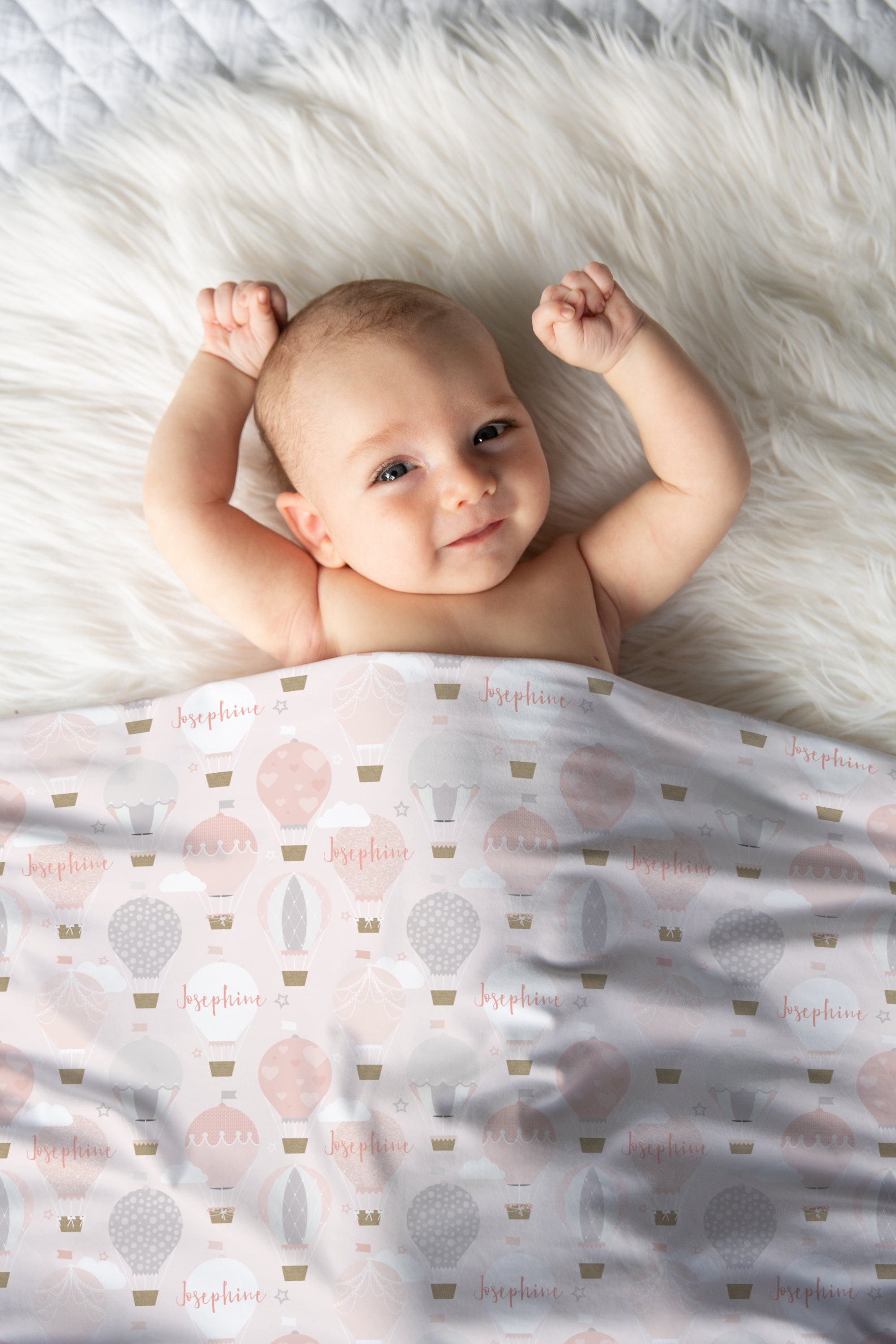 Custom Baby Name Swaddle Blanket and Hat Set Josephine Hot Air