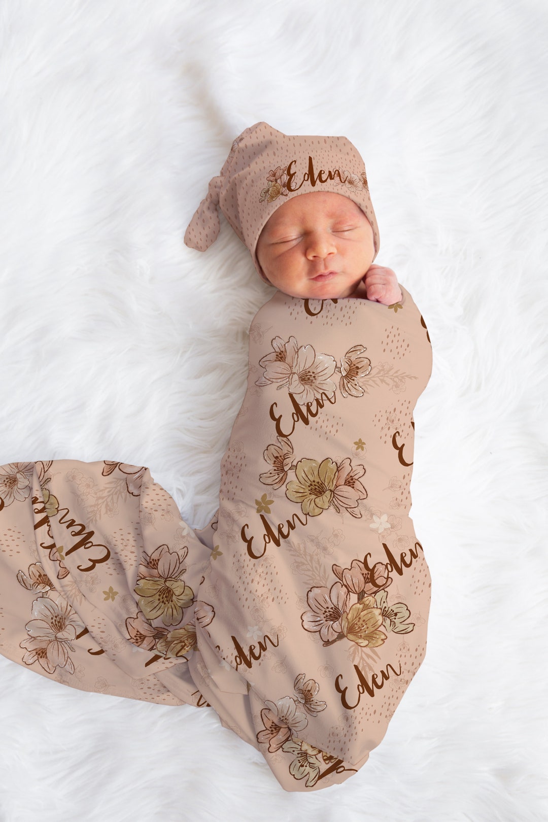 Custom Baby Name Swaddle Blanket and Hat Set Eden Boho Etsy